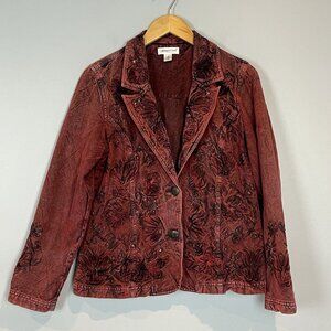 Coldwater Creek Dark Red Denim Jacket Size 10 Embossed Dark Fairy Western